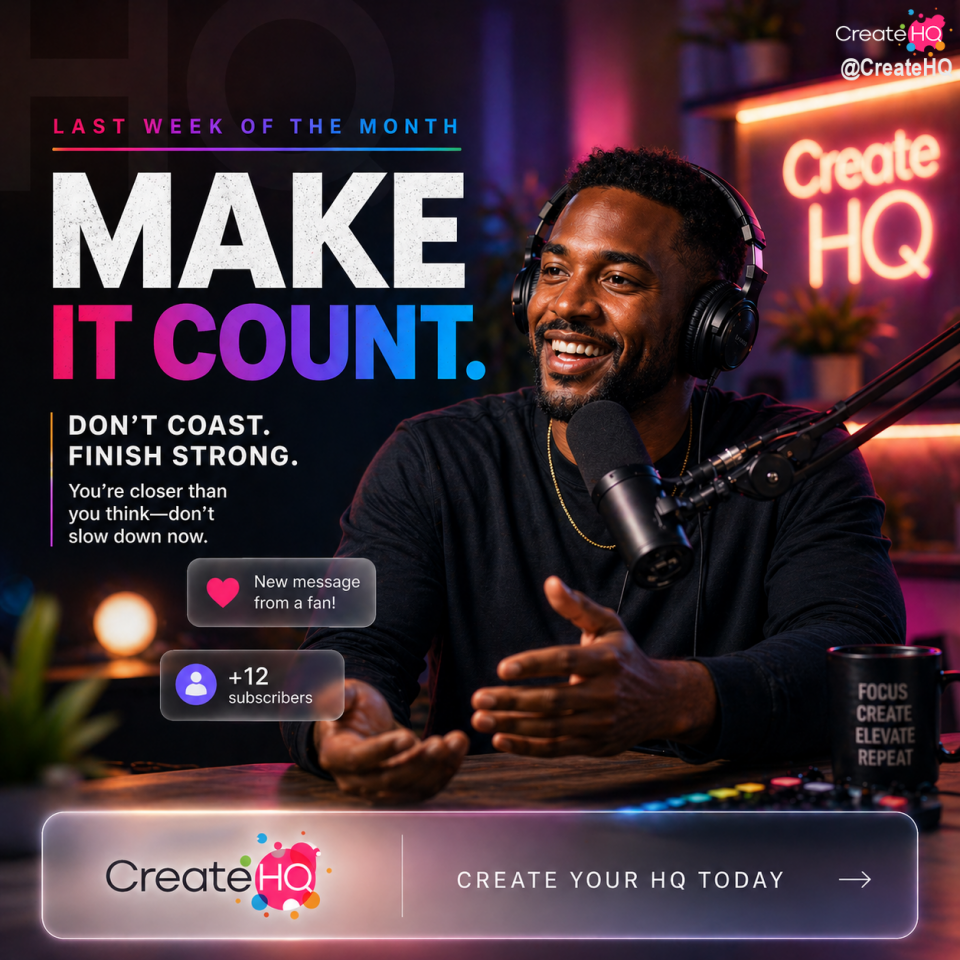 🚨 LAST WEEK OF THE MONTH.

This is where most creators slow down…

But the ones who actually win?

They lock in.

No coasting.
No waiting.
No “I’ll start next month.”

📈 This is where momentum compounds.

While everyone else is easing off,
you should be doubling down:

🎯 Posting with purpose
💬 Engaging your audience
💰 Building real monetization
📊 Turning attention into income

Because here’s the truth:

You’re not starting over next month…
you’re either carrying momentum into it —
or trying to recover from falling off.

💡 You’re closer than you think.

Don’t slow down now.
Finish strong.

And if you’re serious about building something real…

🏁 Stop relying on algorithms
💼 Start owning your audience
💸 Start getting paid directly

👉 That’s exactly what we built CreateHQ for.
.
.
.
#CreateHQ #ContentCreators #MonetizeYourContent #CreatorEconomy #BuildYourBrand