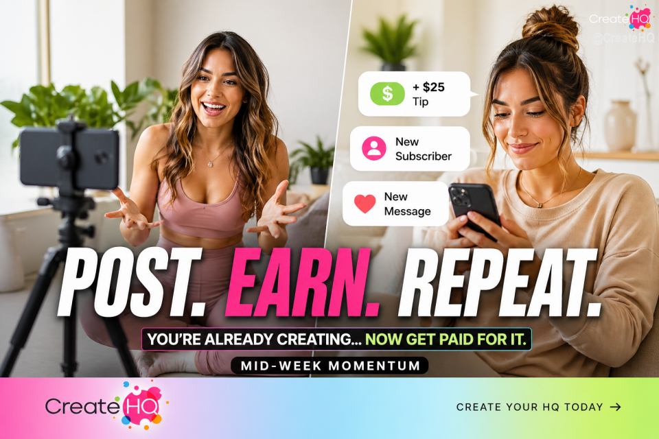 You’re already showing up.
Already creating.
Already putting yourself out there…

Now it’s time to get paid for it. 💰

This is your reminder—mid-week, mid-motion, mid-grind:

👉 Your content has value
👉 Your presence has power
👉 Your audience is watching

Stop waiting on algorithms to decide your worth.

Build your own lane.
Own your audience.
Monetize in real time.

Whether it’s lifestyle, fitness, beauty, business, or just YOU being YOU…

There are people ready to support what you create.

Post it.
Engage with them.
Turn your content into income.

POST. EARN. REPEAT. 🔥

Let’s go get it. 💪✨
.
.
.
#CreateHQ #WomenWhoCreate #ContentCreators #CreatorEconomy #MonetizeYourContent